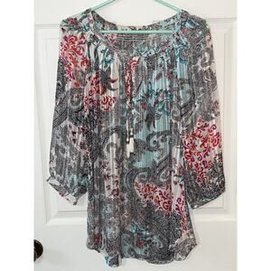 Daniel Rainn‎ Peasant Sheer Top Blouse Plus Size 1X Tropical Floral 3/4 Sleeve